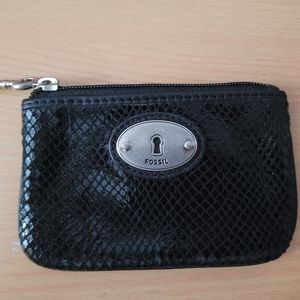 Fossil Black Snake-Embossed Leather Key & Card Holder with Silver Hardware